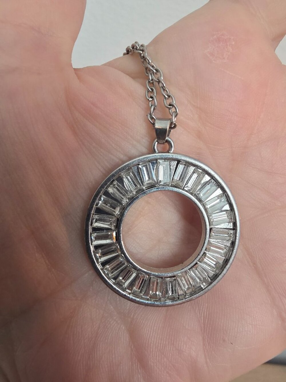 Round silver/crystal necklace - about 11" long